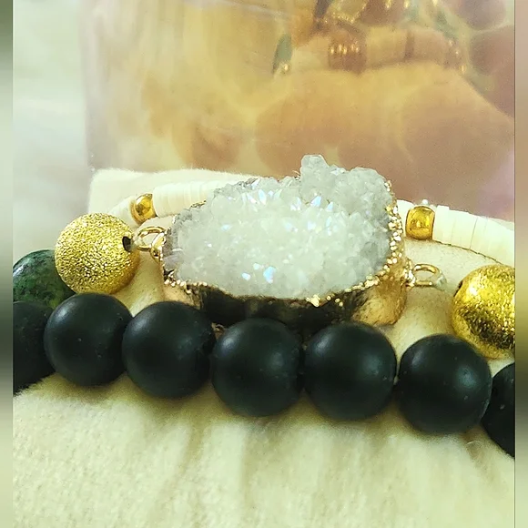 NWT Ryze Natural Stone White Druzy, Jasper, & Heishi Beaded Staxx Bracelets - Picture 4 of 7